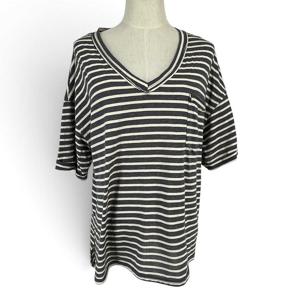 Newin Womens Striped V-Neck T-Shirt Navy White Linen Blend Pocket Tee NT12167 M
